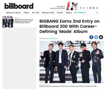 「BIGBANG」、米ビルボード・メインチャート「Billboard 200」に史上2度目のランクイン！