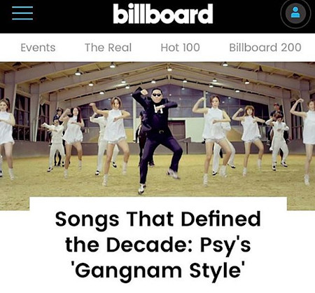 PSYの「江南スタイル」、ビルボード「10年トップ100曲」に、”世界に韓国を知らせた功績”